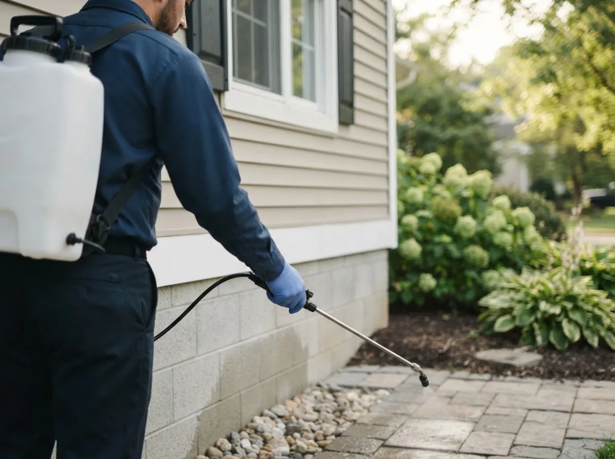 Pest control technician inspecting a home in Arcadia, IN